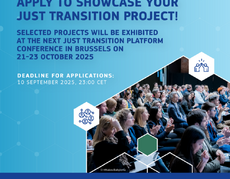 Plakat ze zdjęciem z konferencji Platformy Sprawiedliwej Transformacji informujący o możliwości aplikowania do udziału w wystawie.png