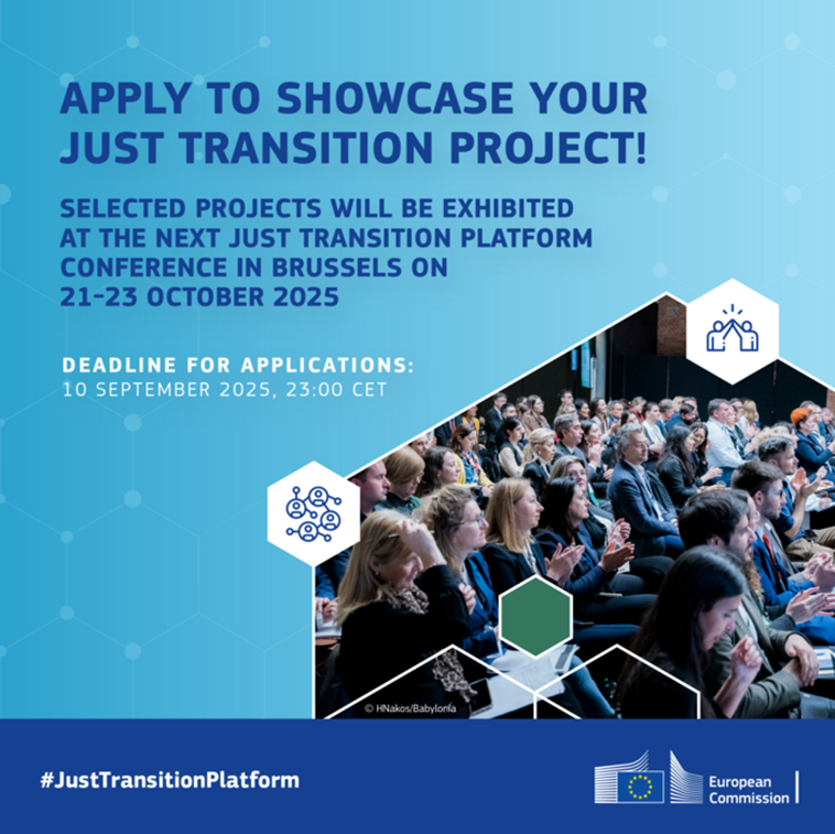 Plakat ze zdjęciem z konferencji Platformy Sprawiedliwej Transformacji informujący o możliwości aplikowania do udziału w wystawie.png