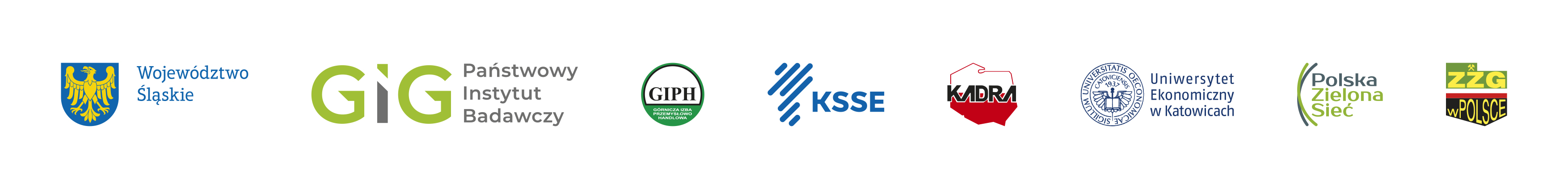 „Logotypy organizatorów i partnerów II Śląskiego Forum Sprawiedliwej Transformacji: Województwo Śląskie, Główny Instytut Górnictwa – Państwowy Instytut Badawczy, Górnicza Izba Przemysłowo-Handlowa, Katowicka Specjalna Strefa Ekonomiczna, Związek Zawodowy KADRA, Uniwersytet Ekonomiczny w Katowicach, Polska Zielona Sieć oraz Związek Zawodowy Górników w Polsce.”