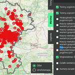 Mapa województwa śląskiego z bazy OPI z zaznaczonymi terenami pogórniczymi i poprzemysłowymi