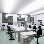 Wizualizacja jednego z laboratoriów w Centrum Chemii - stoły laboratoryjne, krzesła 