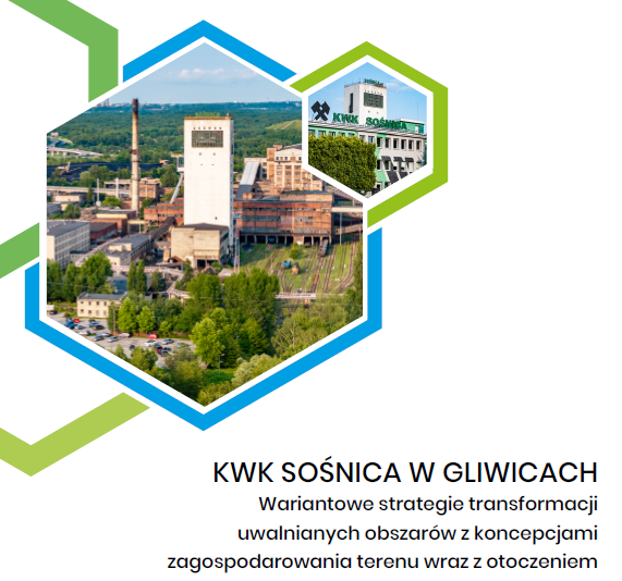 Fotografia kompleksu kopalni KWK Sośnica przedstawiona w centralnym, sześciokątnym kadrze z niebieską ramką. Widoczne są budynki przemysłowe, wieża szybu, tory kolejowe oraz otaczająca je zieleń. W prawym górnym rogu znajduje się mniejszy sześciokątny kadr z budynkiem administracyjnym i napisem „KWK Sośnica”. Całość utrzymana jest w graficznej kompozycji z niebieskimi i zielonymi elementami sześciokątnymi na jasnym tle.