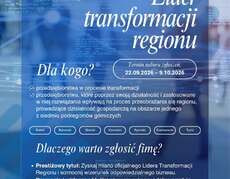 Grafika przedstawia zaproszenie dla przedsiębiorstw do udziału w konkursie pn. „Lider Transformacji Regionu” organizowanym przez Katowicką Specjalną Strefę Ekonomiczną S.A. w dniach 22.09.2026 r. do 09.10.2026 r. Na górze grafiki są logotypy Regionalnego Obserwatorium Procesu Transformacji i Katowickiej Specjalnej Strefy Ekonomicznej obchodzącej 30 lat. Na niebieskim tle zamieszczono informacje o terminie naboru zgłoszeń, wskazano dla kogo jest ogłoszony konkurs i dlaczego warto zgłosić firmę do konkursu. Na dole grafiki jest informacja, że wydarzenie jest organizowane w ramach projektu pn. „Regionalne Obserwatorium Procesu Transformacji 2.0 (ROPT 2.0). Poniżej znajdują się logotypy Unii Europejskiej, Programu Fundusze Europejskie dla Śląskiego, flaga Polski oraz herb województwa śląskiego na białym tle.