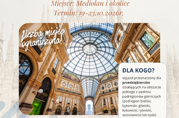 Zaproszenie na wizytę studyjną do Włoch dla przedsiębiorców z 7 podregionów górniczych organizowaną przez Katowicką Specjalną Strefę Ekonomiczną S.A. w dniach 19-23.10.2026 r.  U góry jest logo Regionalnego Obserwatorium Procesu Transformacji i Katowickiej Strefy Ekonomicznej S.A. Na dole grafiki są logotypy Unii Europejskiej, Programu Fundusze Europejskie dla Śląskiego, flaga Polski oraz herb województwa śląskiego.