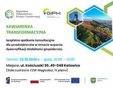 Grafika przedstawiająca zaproszenie na kawiarenkę transformacyjną dla przedsiębiorców organizowaną przez Górniczą Izbę Przemysłowo-Handlową w dniu 23.10.2026 r. w Katowicach. U góry grafiki znajdują się logotypy Regionalnego Obserwatorium Procesu Transformacji i Górniczej Izby Przemysłowo-Handlowej. Na dole grafiki są logotypy Unii Europejskiej, Programu Fundusze Europejskie dla Śląskiego, flaga Polski oraz herb województwa śląskiego. Po prawej stronie widoczne są zdjęcia szybu Muzeum Śląskiego w Katowicach oraz Hałdy Szarlota w Rydułtowach.