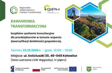 Grafika przedstawiająca zaproszenie na kawiarenkę transformacyjną dla przedsiębiorców organizowaną przez Górniczą Izbę Przemysłowo-Handlową w dniu 23.10.2026 r. w Katowicach. U góry grafiki znajdują się logotypy Regionalnego Obserwatorium Procesu Transformacji i Górniczej Izby Przemysłowo-Handlowej. Na dole grafiki są logotypy Unii Europejskiej, Programu Fundusze Europejskie dla Śląskiego, flaga Polski oraz herb województwa śląskiego. Po prawej stronie widoczne są zdjęcia szybu Muzeum Śląskiego w Katowicach oraz Hałdy Szarlota w Rydułtowach.