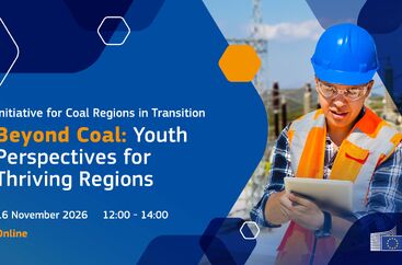 Grafika zapowiadająca spotkanie online „Beyond Coal: Youth Perspectives for Thriving Regions”, które odbędzie się 16 listopada 2026 r. w godz. 12:00–14:00. Po prawej stronie osoba w niebieskim kasku i kamizelce odblaskowej trzyma tablet. Całość utrzymana w niebiesko-pomarańczowej kolorystyce z logo Komisji Europejskiej.